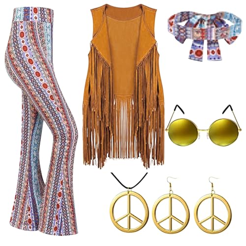 Hippie Kleidung Damen, Hippie Kostüm Damen Set, Damen Disco Outfit, Braun Fransenweste Damen, Damen 70er Hippie Accessoires, Hippy Damen Party Outfi Kleid Hippie Damen KostüM Fasching Erwachsene von Generisch