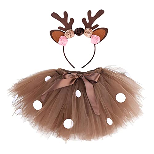 Hirschkostüm für Mädchen | Rentierkostüm für Kinder | Weihnachtsgeweih-Kopfbedeckung, brauner Tutu-Rock | Baby-Elch-Tierkostüm mit Ohren-Stirnband | Weihnachtskostüme für Kinder von Generisch