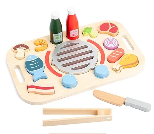 Holz-Kochspielzeug für Kinder, Holz 3D Puzzle Kücheset, 3D Puzzle küche mit Pfanne und Bratpfanne, Küchenspielzeug-Set mit Gemüse und Utensilien, Lernspielzeug (Grill) von Generisch