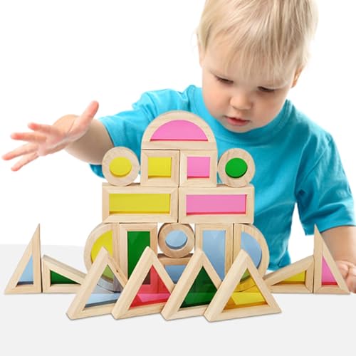 Holzbausteine, Holzbaustein-Set - 24X Bunte hölzerne Burgblöcke - Pädagogische geometrische Bausteine, interaktives Spielzeug-Stapelblock-Set für und Mädchen ab 4 Jahren von Generisch