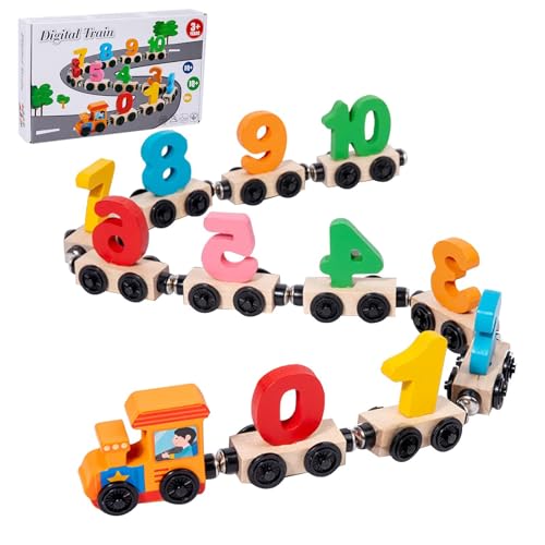 Holzeisenbahn magnetisch,Holzmagneteisenbahn - Digitales Zugset für Kinder,Set mit 12 Eisenbahnwaggons, pädagogisches Eisenbahn-Spielset zum Aufbau von Fähigkeiten für und Mädchen im Alter von 1–3 Jah von Generisch