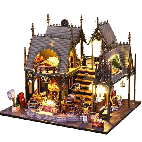 Holzpuzzles House Kits DIY Miniature Dollhouse Kit with Furniture Kits 1:24 Scale Creative DIY Crafts for Adults Teen Christmas Birthday Gifts Time Klassische Puzzles (Black, One Size) von Generisch