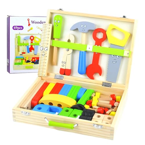 Holzwerkzeugset, Holzwerkzeugkasten | 69-teiliges Cartoon-Spielwerkzeug-Werkbank-Set aus Holz - Pädagogischer Werkzeugsatz für Kinder, Konstruktionsspielzeug, tragbarer Werkzeugkasten aus Holz für Jun von Generisch