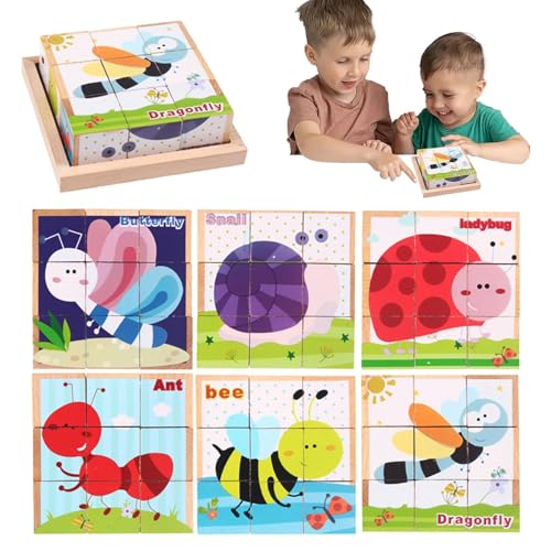 Holzwürfelpuzzle für Kleinkinder, Holzblockpuzzle für Kinder, 6 Muster Puzzle Puzzle Block Kinder, Puzzle-Bauwürfel, interaktives Lernspielzeug für Mädchen und im Alter von 3–6 Jahren von Generisch