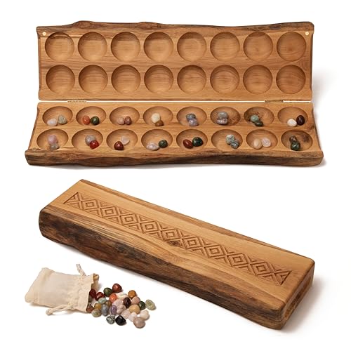 SMETCRAFT Hus Bao Brettspiel - Handmade aus 100% Massivlaubholz aus Deutschland, inkl. Edelsteine, Spielanleitung, Stoffbeutel - 2 Spieler - Kalaha - Mancala - Steinchenspiel von Generisch