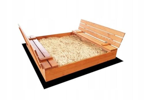 Sandkasten 140x140 cm Imprägniert Premium Sandbox mit Abdeckung Sitzbänken Deckel Plane Sandkiste Holz Sandkastenvlies 150x150 von Generisch