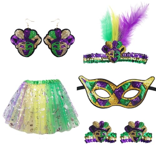 Karnevalskostüm-Zubehör-Set, Tutu-Rock, Kunstfeder-Stirnband, Maske, Mardi Gras Perlen für Damen und Mädchen, 3 Stück / 4 Stück / 5 Stück von Generisch