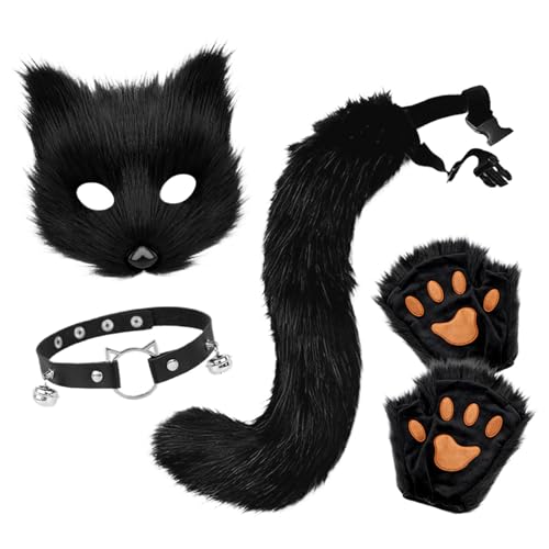 Katzenkostüm Damen Karneval Fuchs Kostüm Fuchsschwanz Katze Cosplay Kostüm-Set Kunstpelz Fuchs Maske Flauschige Schwanz Katzenkrallen Handschuhe Halskette Set Erwachsene Halloween Faschingskostüme (A) von Generisch