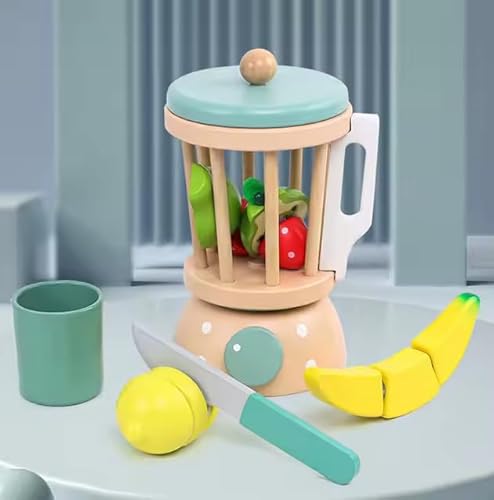 Kinder Holz Mixer Spielzeug Set, Smoothie-Maker mit Früchten, Küchen Rollenspiel, Mintgrün von Generisch