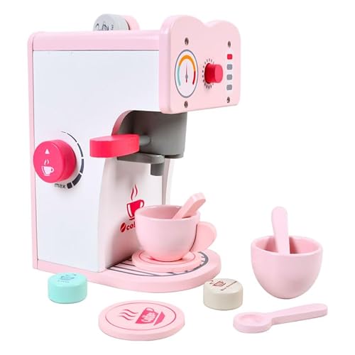 Kinder Kaffeemaschine aus Holz in Rosa, Spielset mit Tassen und Löffel, Kinderküche Zubehör aus Holz, Geburtstagsgeschenk für Kinder von Generisch