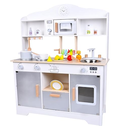 Kinder-Spielküche, Holz, mit Zubehör, Uhr, Herd, Mikrowelle, Schrank, 80 x 30 x 97cm von Generisch