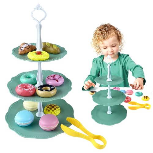 Kinder Teeservicem,Kinderküche Dessert,Teeset Kinderspielzeug,18 Stück Teeservice Kinder Spielzeug,Teeset Spielzeug mit Dessert Ständer,Küchenzubehör Teeparty Rollenspiel für Mädchen Jungen Geschenk von Generisch