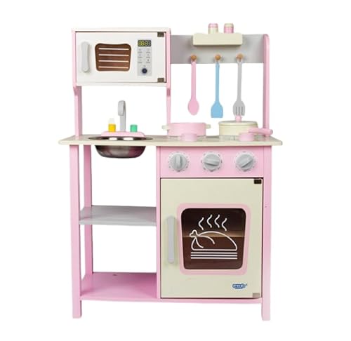 Kinderküche aus Holz, Spielküche in rosa, mit Backofen, Herd und Zubehör, Kinderrollenspiel, Spielstation mit Kochgeschirr von Generisch