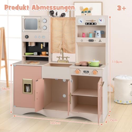 Kinderküche mit Kochzubehör, Spielküche Holz mit Mikrowelle & Kaffeemaschine & Eismaschine & Spüle & Backofen, Spielzeugküche Holzküche für Kinder ab 3 Jahren (Rosa) von Generisch