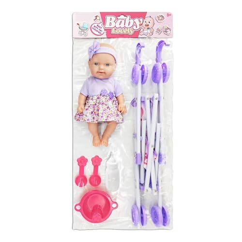 Kinderpuppen-Kinderwagen-Set, Kleinkindpuppe mit Kinderwagen, Esszimmerstuhl für Kleinkinder, Puppenzubehör für Kinder, 10 Zoll weiche Puppe inklusive Kinderwagen und Fütterungszubehör-Set Kinder-Roll von Generisch