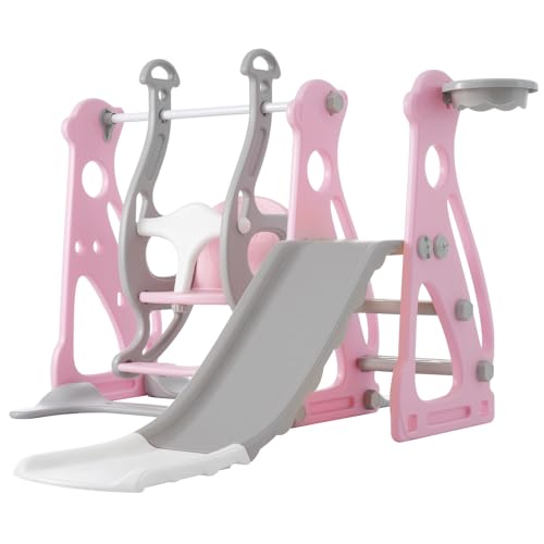 Kinderrutsche mit Schaukel,4 in 1 Kinderrutsche, Rutsche, Treppenhäuser, Schaukel, Basketballrahmen,Schaukel Rutsche für Indoor (White+Pink + HDPE) von Generisch