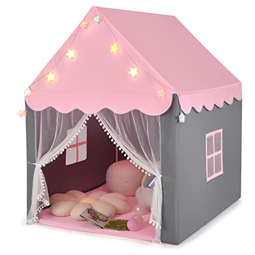 Kinderspielhaus mit Sternenlichter, Prinzessin Prinzess Kinderzelt mit Fenster & Matte, Spielzelt mit doppeltem Vorhang, Kinderspielzelt, Kinderspielburg für Jungen und Märchen (Rosa) von Generisch