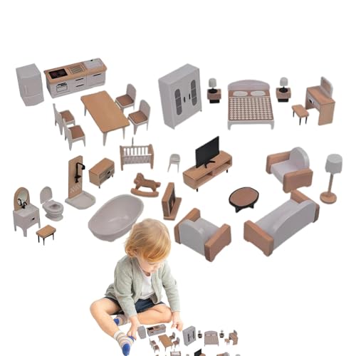 Kinderspielmöbel-Set, Spielhausmöbel für Kinder,Puppenhaus-, Spielmöbel - Hölzerne Puppenhausmöbel, Rollenspiel, Spielzeugmöbel, interaktives Spiel, Spielhauszubehör von Generisch