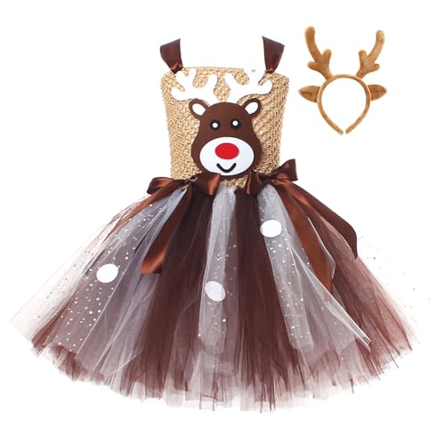 Kleid Weihnachten Mädchen, Rentier Kostüm Kinder Mädchen Tütü Tüllrock+rentier Haarreifen 2-Teiliges Prinzessin Karneval Kleid Weihnachten Baby Brauner Tüllrock Tutu Party Reh Weihnachtskostüm von Generisch