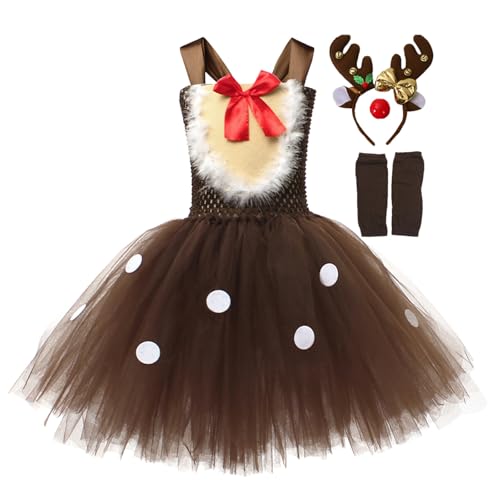 Kleid Weihnachten Mädchen, Rentier Kostüm Kinder Mädchen Tütü Tüllrock+rentier Haarreifen 2-Teiliges Prinzessin Weihnachten Karneval Party Brauner Tüllrock Tutu Kleid Reh Baby Reindeer Costume von Generisch