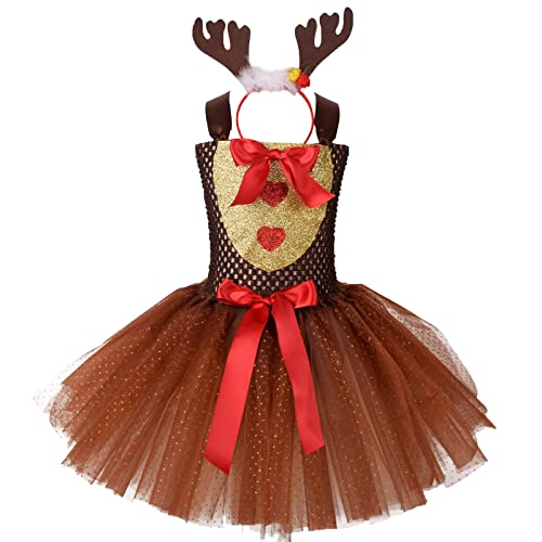 Kleid Weihnachten Mädchen, Rentier Kostüm Kinder Mädchen Tütü Tüllrock+rentier Haarreifen 2-Teiliges Tutu Kleid Karneval Reh Weihnachten Party Baby Reindeer Costume Prinzessin Weihnachtskostüm von Generisch