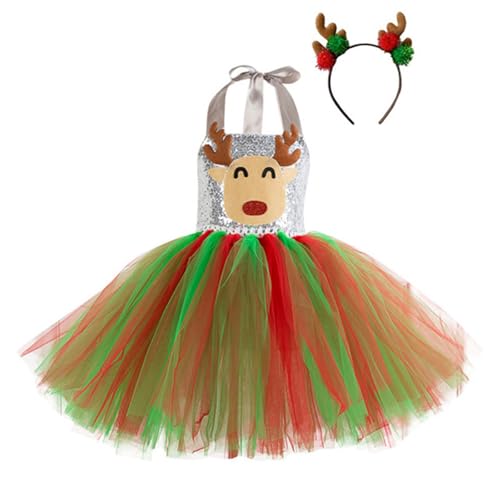 Kleid Weihnachten Mädchen, Rentier Kostüm Kinder Mädchen Tütü Tüllrock+rentier Haarreifen 2-Teiliges Tutu Kleid Prinzessin Reh Karneval Reindeer Costume Brauner Tüllrock Weihnachten Party Baby von Generisch