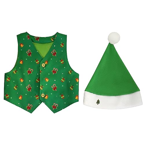 Kleinkind Jungen Mädchen Weihnachtsdrucke Costome Party Weste Hut Outfit Set Baby Strampler Anzug Junge (Green, 11-14 Years) von Generisch