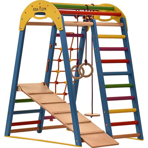 Kletterdreieck Indoor-Spielplatz aus Holz für Kinder - Kletternetz, schwedische Leiter, Ringe, Rutsche - Trägt bis zu 60 kg (Blau) von Generisch