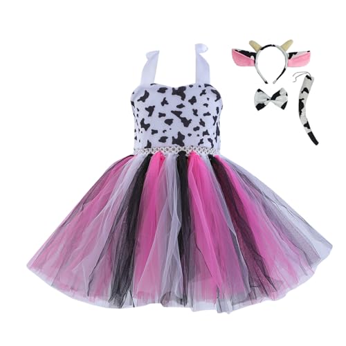 Kostüm Kinder Kuhkostüm Tierkostüm Mädchen Tüll Kleid Tier Faschingskostüm Tüllkleid Karneval Cosplay Verkleidung Tütü Ohren Stirnband Schwanz Tierkostüm Karnevalskostüm Set #Heißes Rosa 1-12 Monate von Generisch