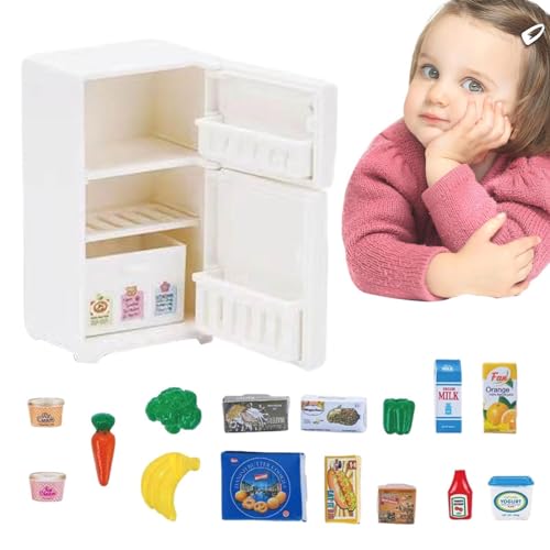 Kühlschrankspielzeug - 17 Stück Miniatur-Kühlschrank mit Mini-Lebensmittelspielzeug | Tragbares Kühlschrank-Spielgerät, Miniatur-Küchenspielset für, Mädchen, Kinder über 3 von Generisch