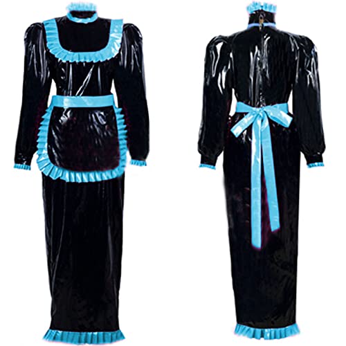 Langes französisches Dienstmädchenkleid, Cosplay, Damen, lange Puffärmel, Maxikleider mit Schürze, PU-Leder, Sissy Maid-Kleid, Seeblau, Größe 6XL von Generisch