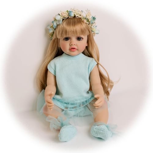 Lebensechte Reborn Puppen Mädchen 22 Zoll 55 cm Weiche Vinyl Silikon Reborn Baby Puppen wie Echte Reborn Babypuppe Spielzeug Geschenk für Kinder ab 3 Jahren, Blondes langes Haar von Generisch