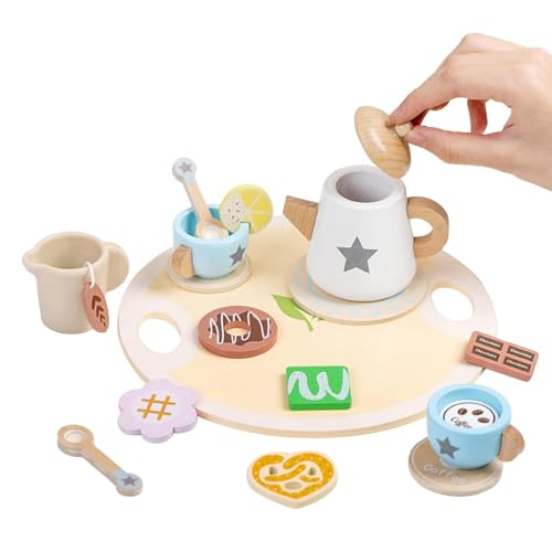 Mädchen-Teeservice, Spielzeug-Teeservice | Tea-Party-Spielspielzeug aus Holz - Küchen-Rollenspielset, Teeparty-Essensspielzeug mit Tragetablett für den Geburtstag von Kindern und Mädchen von Generisch