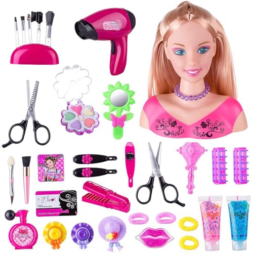 Make-up-Friseurpuppen-Set – 35-teiliges Styling-Kopf-Spielzeug für Kinder | Haarstyling-Puppe mit Kosmetika, Haarschmuck, Schönheitssalon-Rollenspielset, Heimspielspielzeug für Mädchen ab 3 Jahren von Generisch