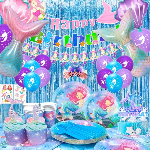 Meerjungfrau Geburtstag Deko, Meerjungfrauen Deko Kindergeburtstag Meerjungfrau Partygeschirr Set Meerjungfrau Party Banner Luftballon Teller Tischdecke etc Meerjungfrau Partyzubehör von Generisch