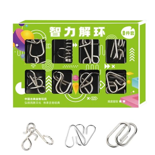 Metall-IQ-Puzzle-Set - 8-teiliges chinesisches Zauberring-Trickspielzeug - Metalldraht-Puzzle, sicheres 3D-Spule-Guss-Spielzeug zum Entwirren, tragbares Interlock-Spiel für Party und Büro von Generisch