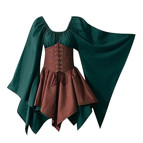 Mittelalter Kleid Damen Halloween Kostüm Gothic Kleid mit Trompetenärmel Traditionelles Irisches Kleid Renaissance Kleidung Cosplay Kostüm Mittelalter Kleidung Renaissance Elfen Kostüm für Karneval von Generisch