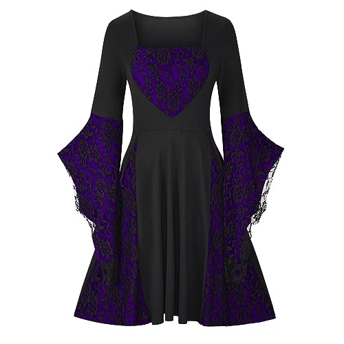 Mittelalter Kostüm Damen Vintage Mittelalterlich Kleid Hohe Taille Karneval Corsagenkleid Lange Schulterfrei Kleider Kurzarm Halloween Kleidung Cosplay Steampunk Trompetenärmel A-Linie Maxikleid von Generisch