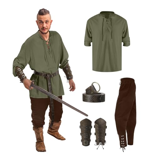 Mittelalter Kostüm Herren Mittelalter Hemd Viking Kostüm Piratenkostüm, Mittelalter Kleidung Herren, Renaissance Kostüm Set, Schnürhemd Lang Mittelalter Mit Hose Gürtel Handgelenkgurt Zubehör von Generisch