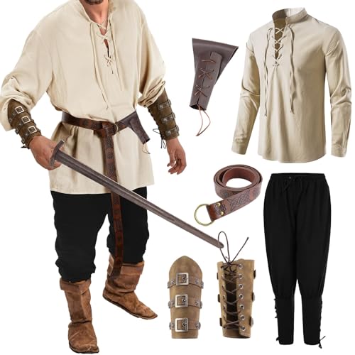 Mittelalter Kostüm Herren Renaissance Wikinger Kostüm Set, Mittelalter Kleidung Set, Mittelalterliches Piratenhemd, Mittelalter Hose Viking Kostüm, Mit Knöchelriemen Gürtel Handgelenkschütze von Generisch