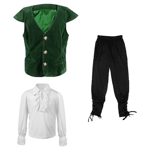 Mittelalterliches Kinderkostüm Outfit für Jungen, Hemden, Weste, Halloween-Anzug, kleiner Junge, Outfits 5t (grün, 7–10 Jahre) von Generisch