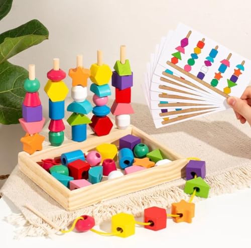 Montessori Holz-Steckspiel mit Sortierbrett, Geometrische Formen, Lernkarten, Motorik-Spielzeug für Kinder von Generisch