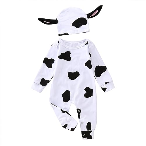 Neugeborenen Baby Jungen Mädchen Kleidung Set Halloween Strampler Kostüme Kuh Muster Overall Hut 2PCS Cosplay Outfits Schlafanzug Jungen Langarm Overall für Rave-Partys, Karneval (White, 0-3 Months) von Generisch