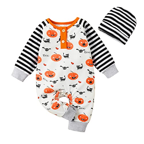 Neugeborenes Baby Jungen Mädchen Halloween Kürbis Strampler Gestreifte Outfits Langarm Overall Hut Outfits Kleidung Set Wickelpullover Strick (White, 6-9 Months) von Generisch