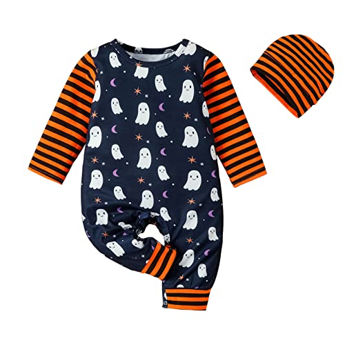 Neugeborenes Baby Jungen Mädchen Halloween Strampler Gestreifte Outfits Langarm Overall Hut Outfits Kleidung Set Baby 3 Monate Junge (Navy, 0-6 Months) von Generisch