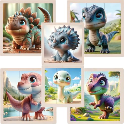 Niedliche Dino-Babys Holzpuzzle-Set für Kinder, 6 Puzzles, Dinosaurier-Motiv von Generisch