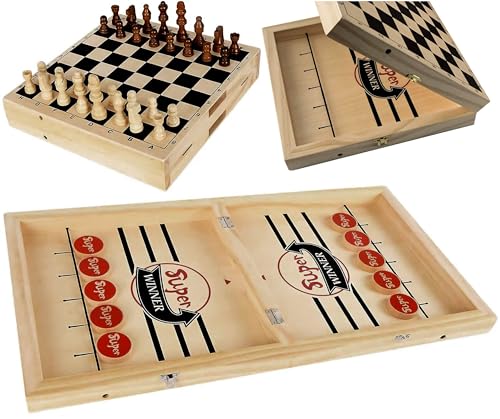 Oasis: Hochwertiges Holz-Spieleset; 2-in-1: kombiniert klassisches Schachspiel und sportliches Tischhockey/Sling Puck; Strategiespiel, Geschicklichkeit und Koordination, Spaß von Generisch