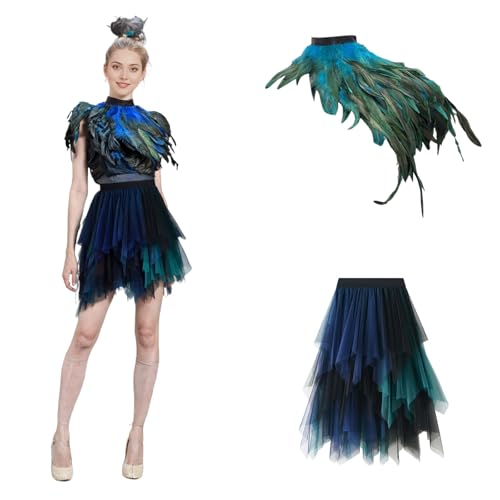 Generisch Pfau Kostüm Damen, Blau Grün Pfau Tüllrock, Feder Cape, Federboa Blau, Karneval Fasching Cosplay Karneval Mottoparty von Generisch