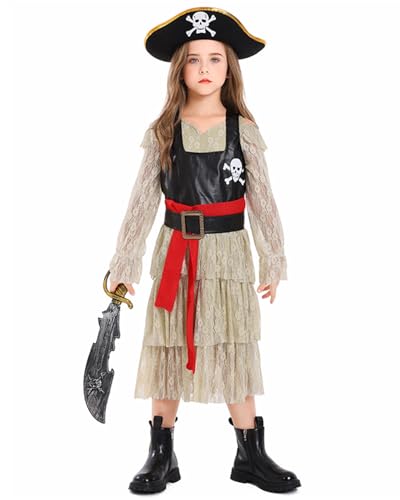 Piratenkostüm für Mädchen, Spitze, langärmelig, Kunstlederweste mit Totenkopf, roter Gürtel, Piratenhut inklusive, Halloween, Karneval, Rollenspiel von Generisch