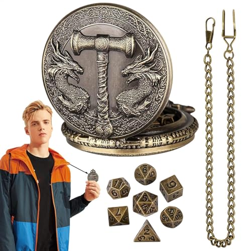 Pocket Watch Dice Set, Pocket Watch Dice - Einzigartige polyedrische Drachen -Metall -Würfel mit Vintage Pocket Watch Shell Hülle | Gothic Rollen Spielen Brettspielzubehör für Erwachsene Kinder von Generisch